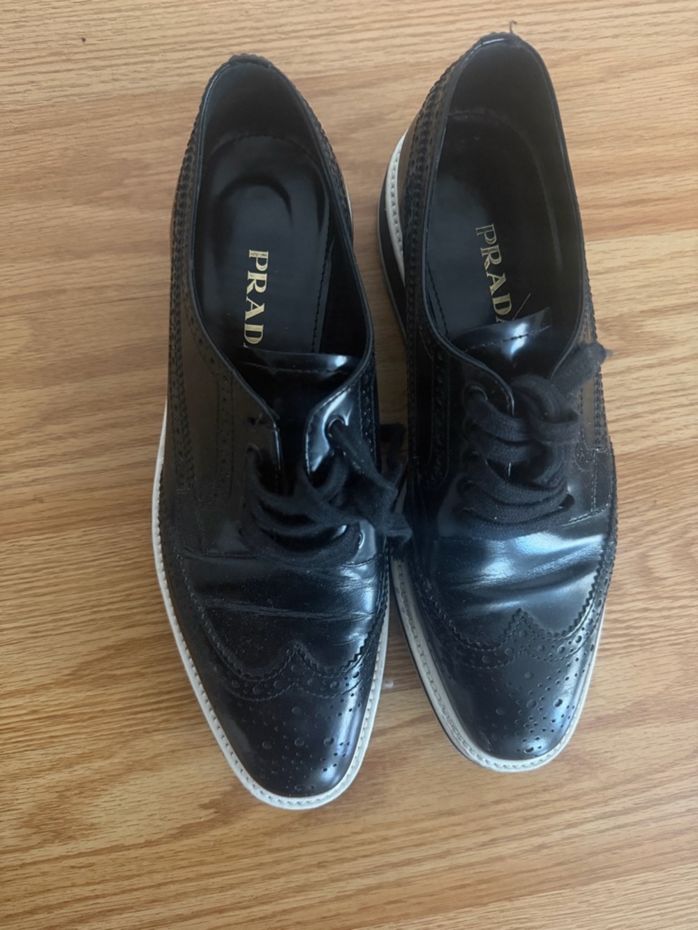 Prada Black Leather Brogue Derby Shoes with White Sole
